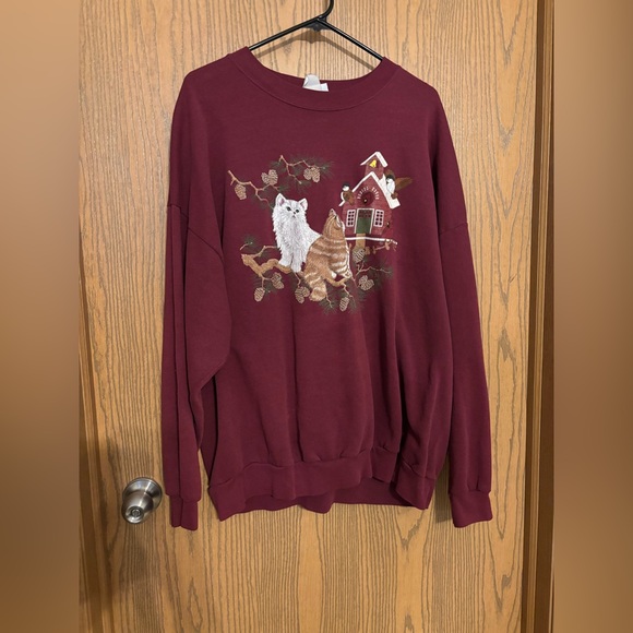 Vintage Sweaters - Vintage Burgundy Cat Sweatshirt